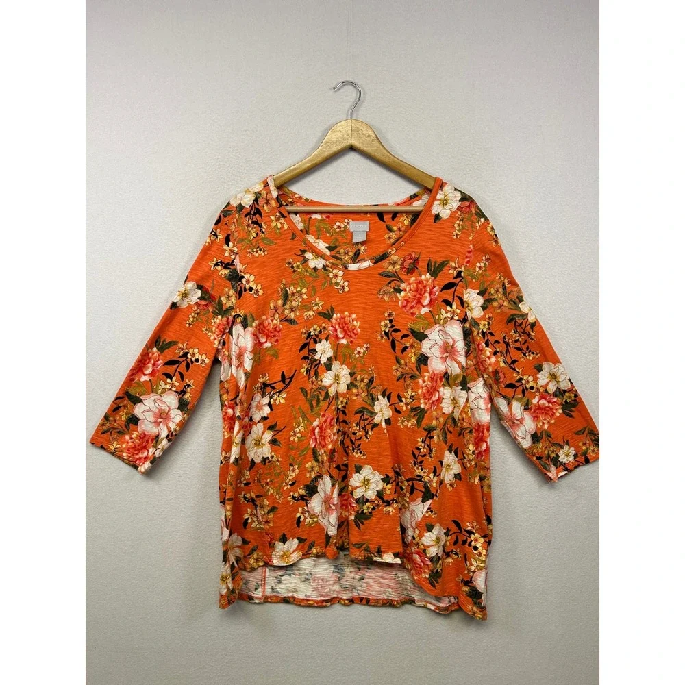 Chico's Floral Botanical Orange Womens XL 3/4 Sleeve V-Neck Slub Knit Top